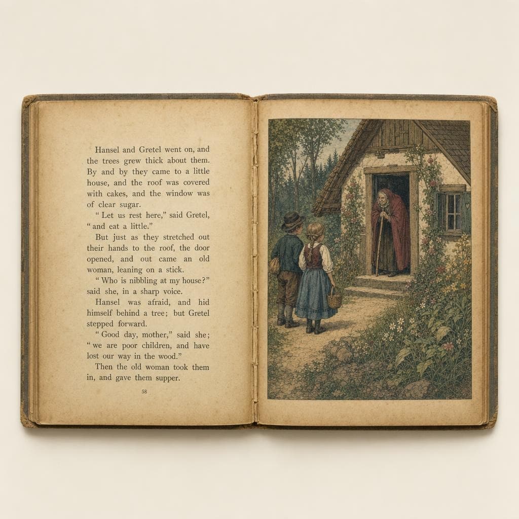 Ein altes, vergilbtes Märchenbuch, aufgeschlagen bei Hänsel und Gretel